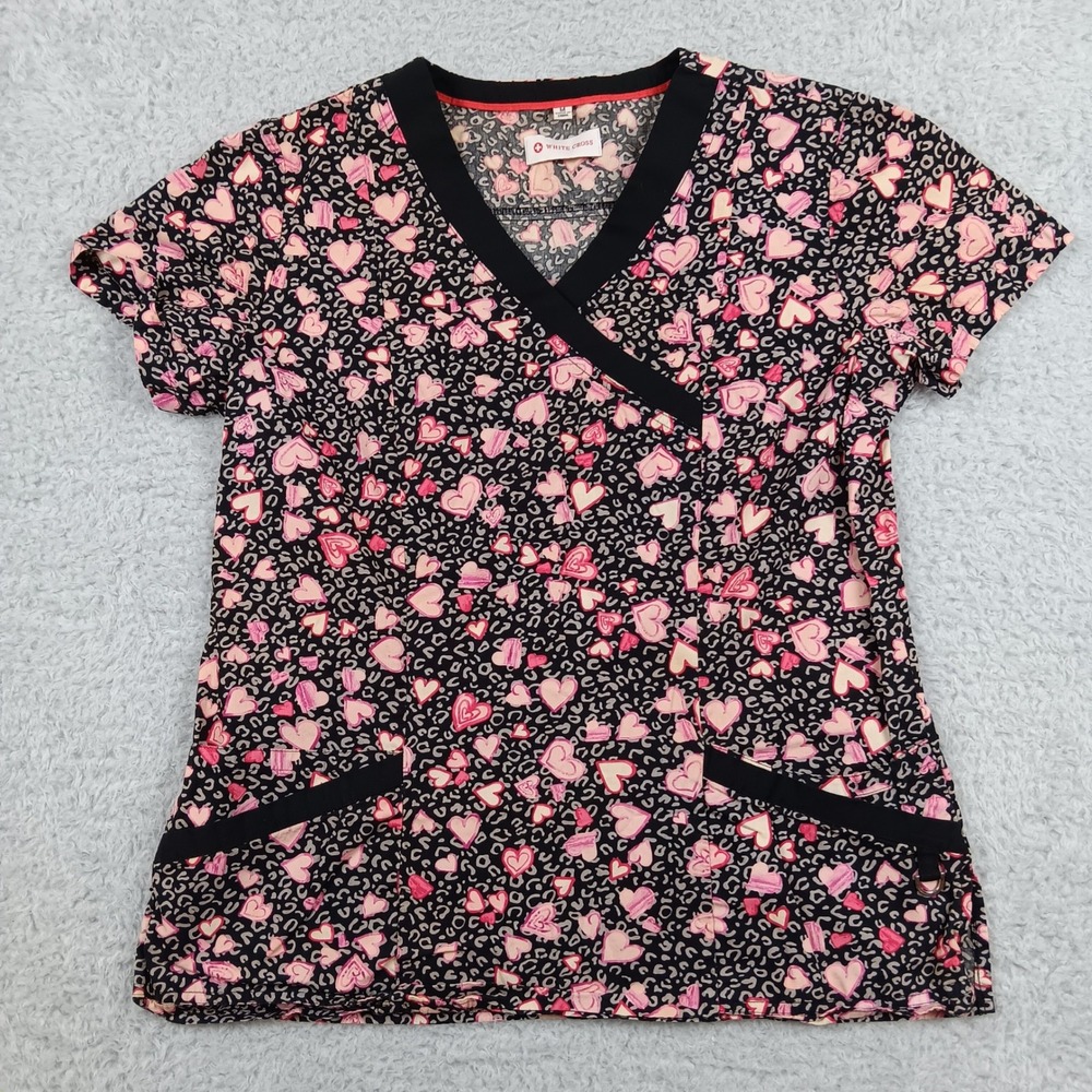 White Cross Scrub Top 717STH Women M Black Pink Heart Leopard Print 717STH